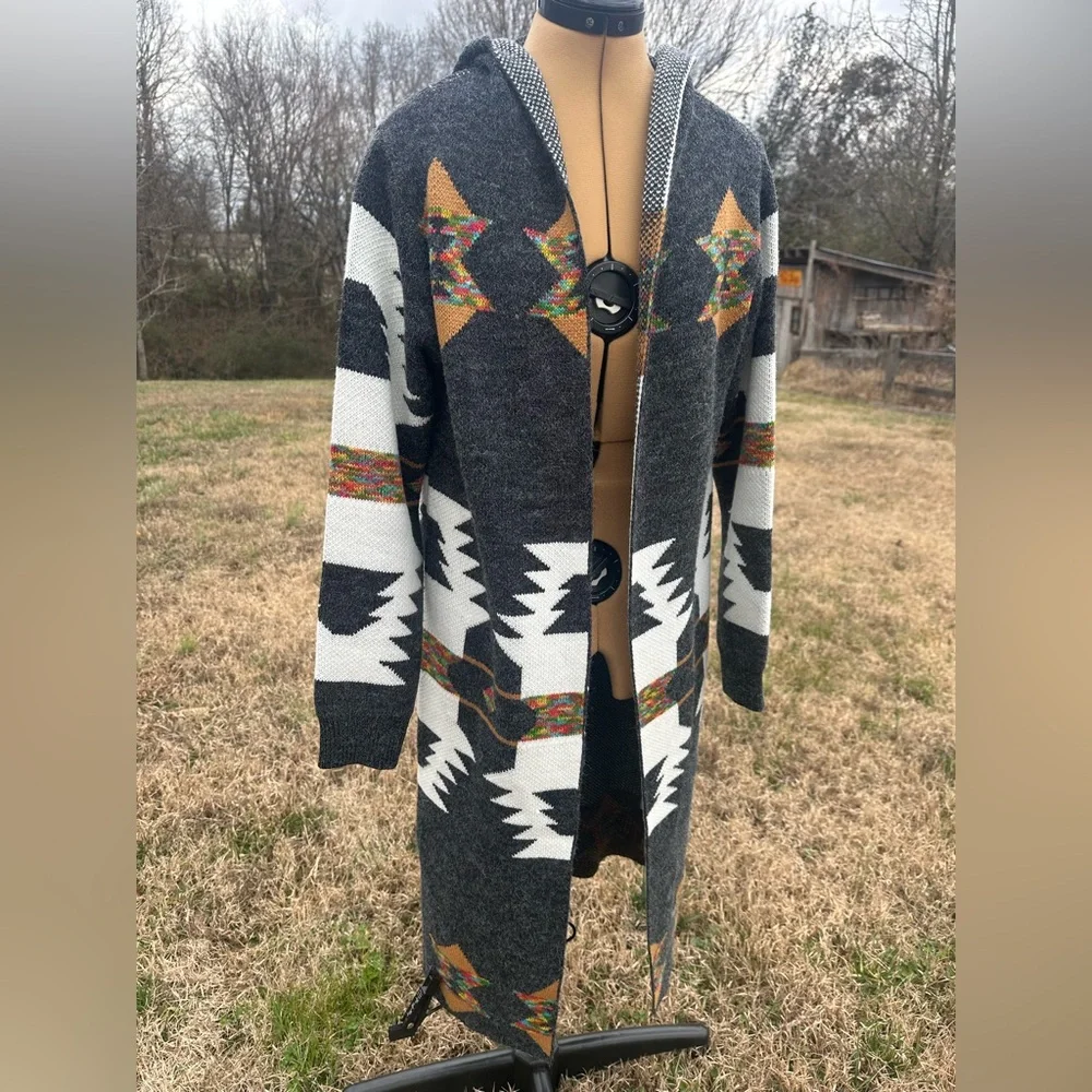 Gray Patterned Women's Sweater. Aztec. Long. Cardigan. Fun print - Picture 3 of 10